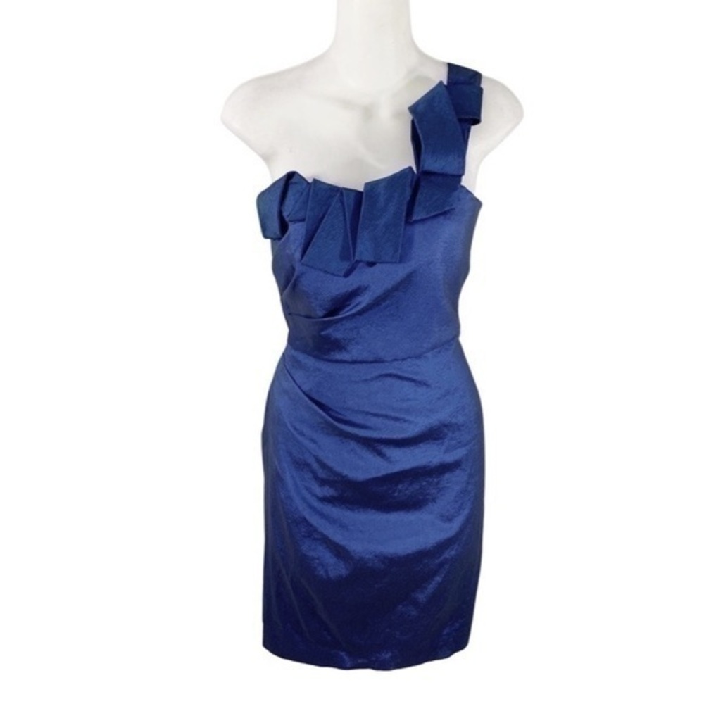 Eliza J blue taffeta pleat strap one shoulder dress II5